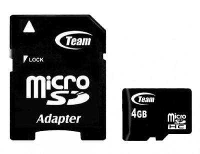 Team Micro SDHC 4GB Class 10+SD Adapter TUSDH4GCL1003, Crni
