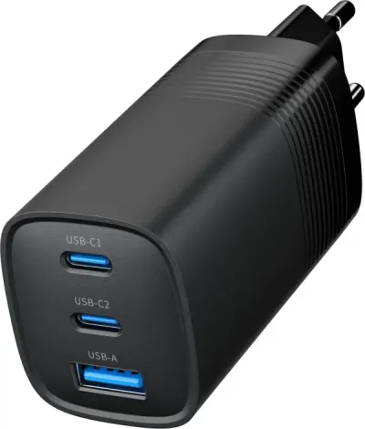 Gembird TA-UC-PDQC65-01-BK USB Brzi punjač 3-port 65W GaN, Crni