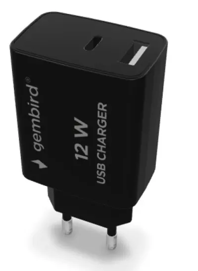 Gembird TA-UC-2AC12-01-BK USB Punjač USB A USB C 2.4 A, Crni