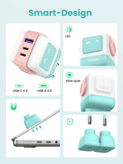 UGREEN CD361 Uno GaN mrežni punjač 65W (2x USB-C + 1x USB-A) tirkizni, Tirkizni