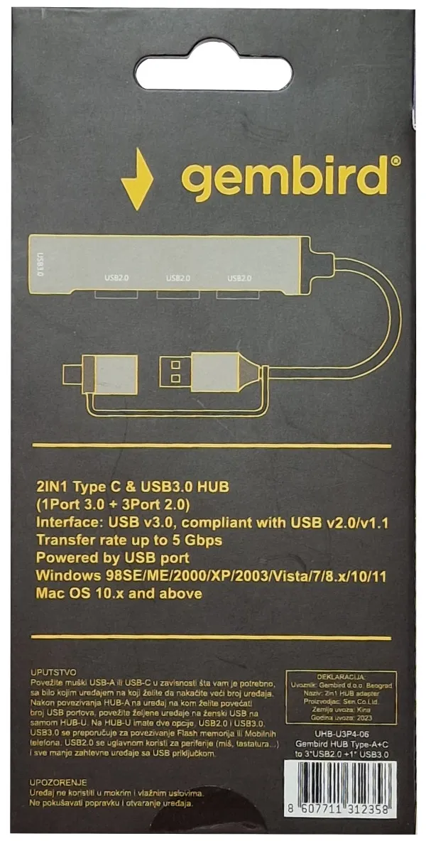 Gembird UHB-U3P4-06 Hub Tip-A+C 3xUSB2.0 USB3.0 Aluminijumski