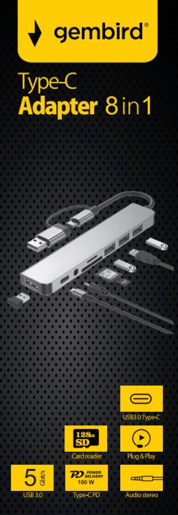 Gembird A-CM-COMBO8-06 Adapter 8 portova USB3.0 USB2.0 SD 3.5mm